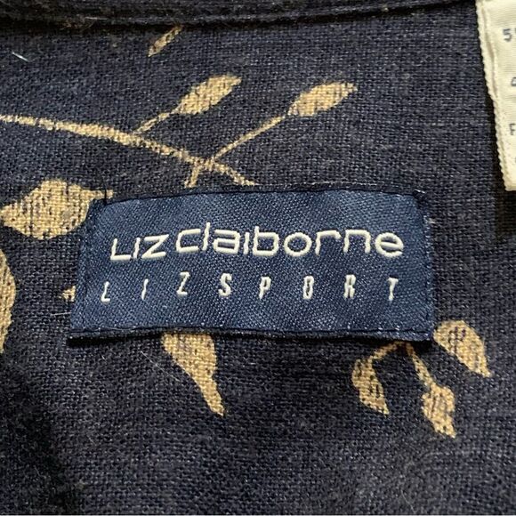 LIZ CLAIBORNE Liz-sport Linen Blend Shirt Women Medium Navy Blue Tan Leaf. - Picture 7 of 12